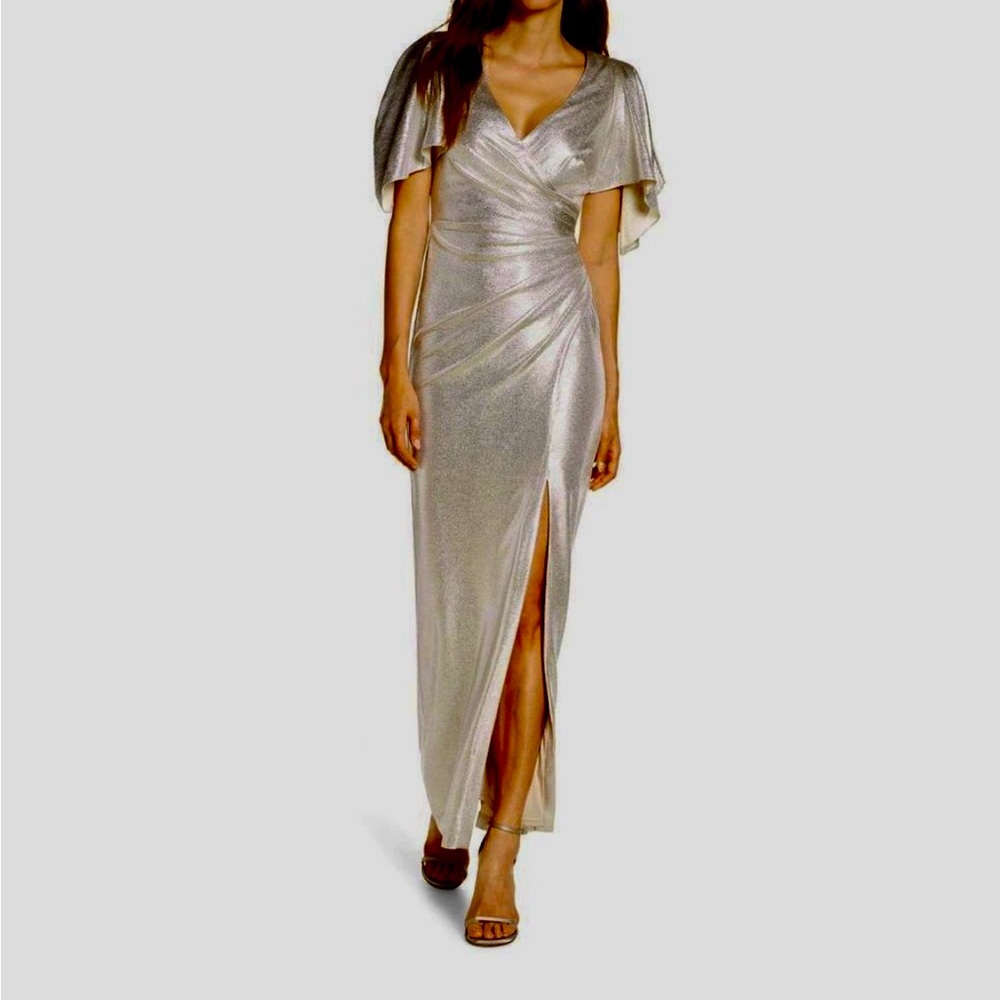 New Eliza J Ivory/Silver Ruched V-Neck Wrap Maxi Dress with Flutter Sleeves Sz.6